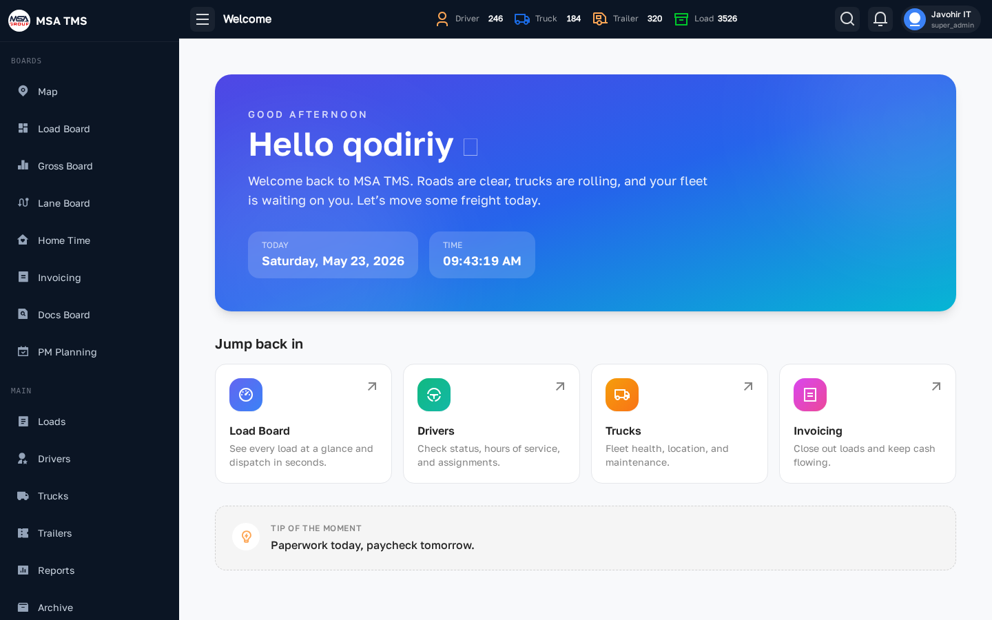 Welcome dashboard